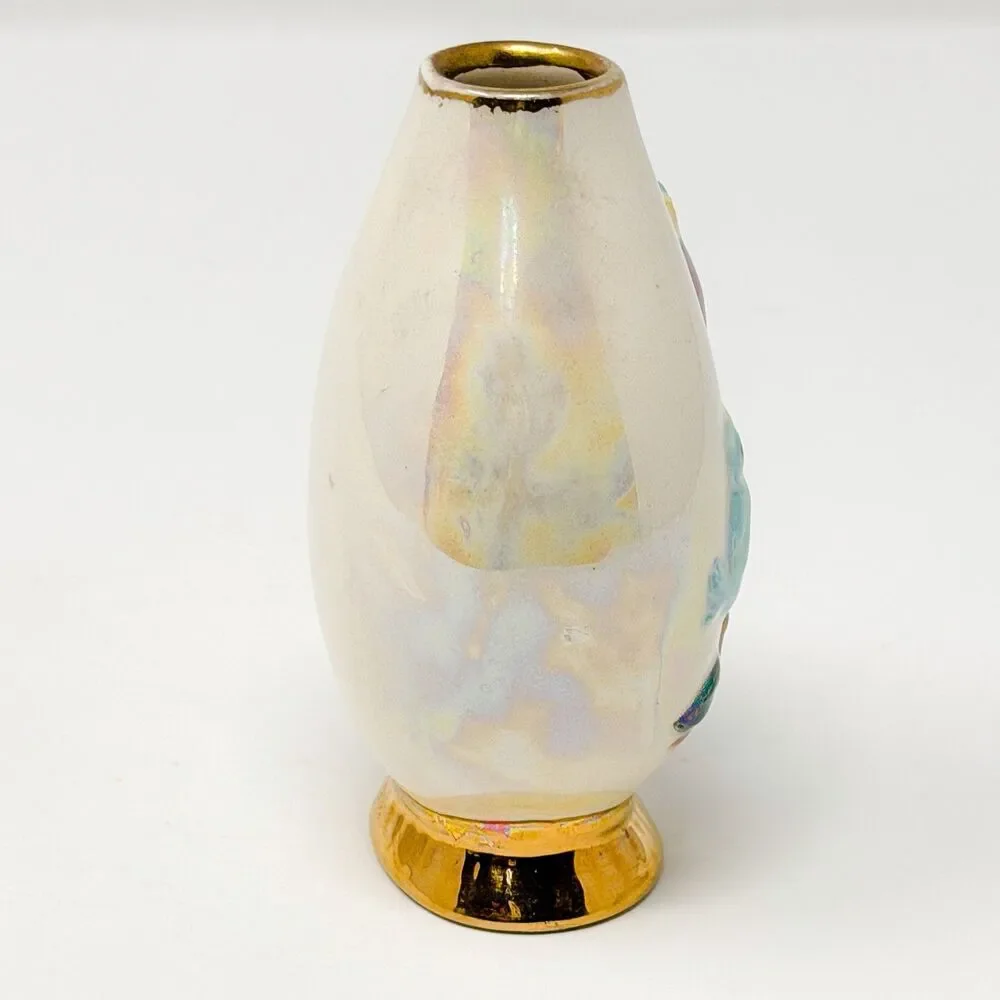 Signed 1972 Studio Pottery 4.5” Lusterware Vase Birds Relief Gold Trim